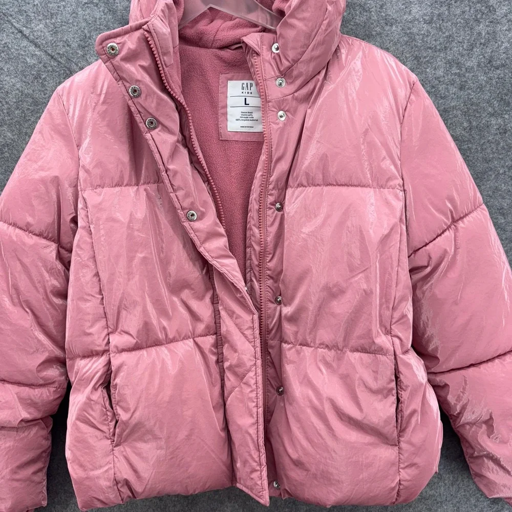 GAP Kids Girls Puffer Jacket Size L Pink Shiny Hooded Winter Coat Apres Ski Cozy